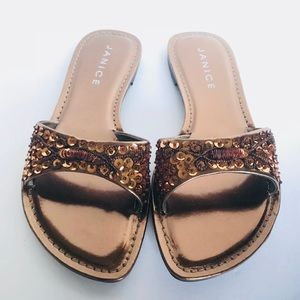 Janice Metallic Bronze Sequins Open Toe Sandals
